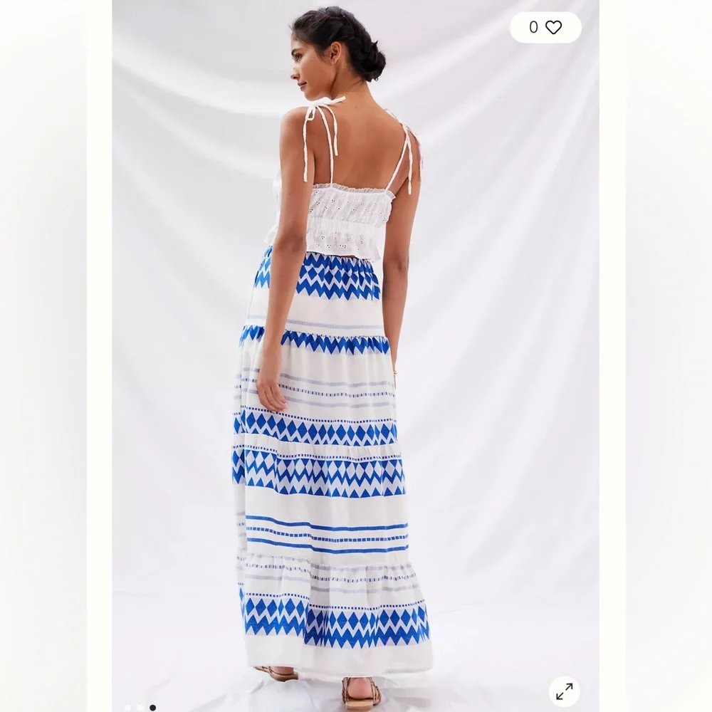 Anthropologie Kasia Size XS Womens Cream & Blue Eros Tiered Maxi Skirt - Picture 2 of 13
